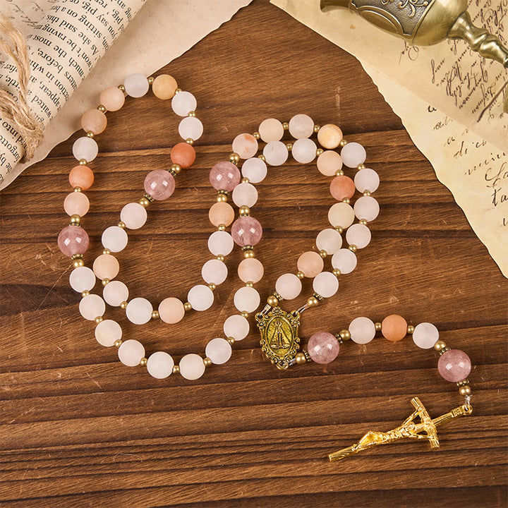 Christianartworkshop Our Lady & Crucifix of 8mm Pink Aventurine & Strawberry Quartz Rosary