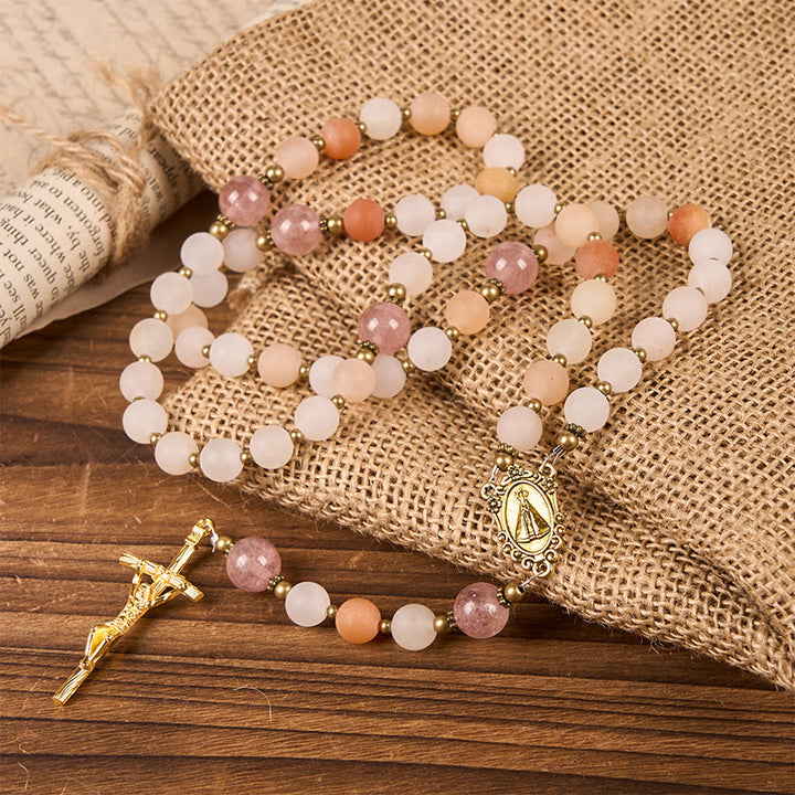 Christianartworkshop Our Lady & Crucifix of 8mm Pink Aventurine & Strawberry Quartz Rosary