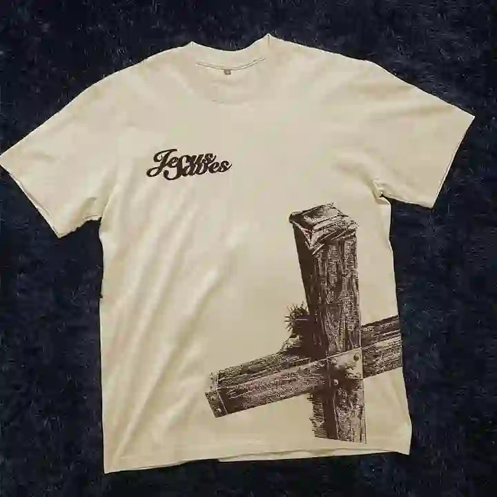 Christianartworkshop Sopula Jesus Saves Cross Print Graphic T-Shirt - Beige - 2XL - image 2