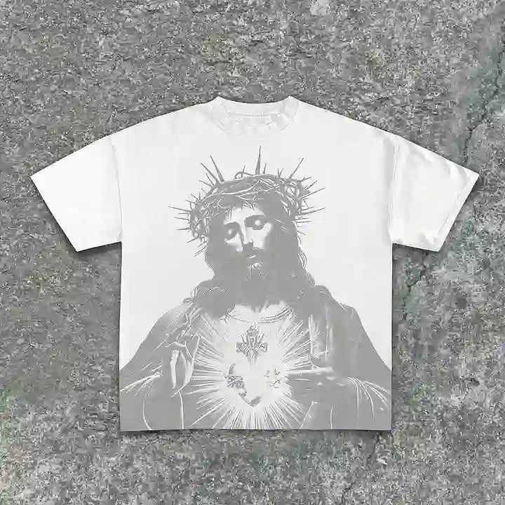 Christianartworkshop Vintage Jesus Print Round Neck Cotton T-Shirt