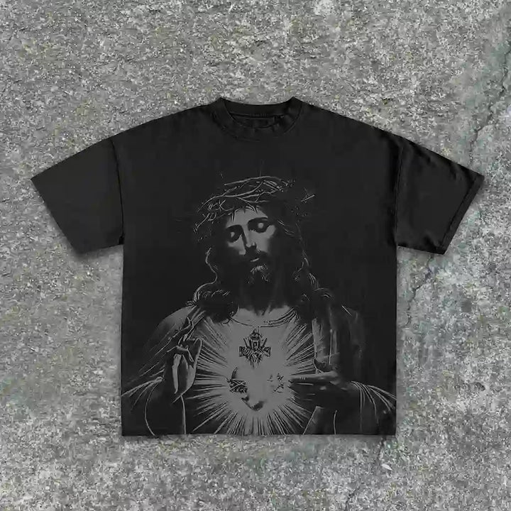 Christianartworkshop Vintage Jesus Print Round Neck Cotton T-Shirt