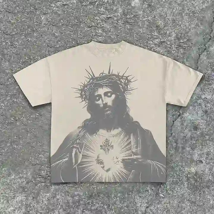 Christianartworkshop Vintage Jesus Print Round Neck Cotton T-Shirt