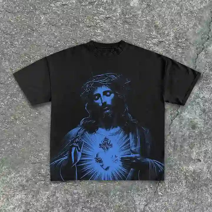 Christianartworkshop Vintage Jesus Print Round Neck Cotton T-Shirt