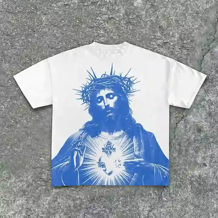 Christianartworkshop Vintage Jesus Print Round Neck Cotton T-Shirt