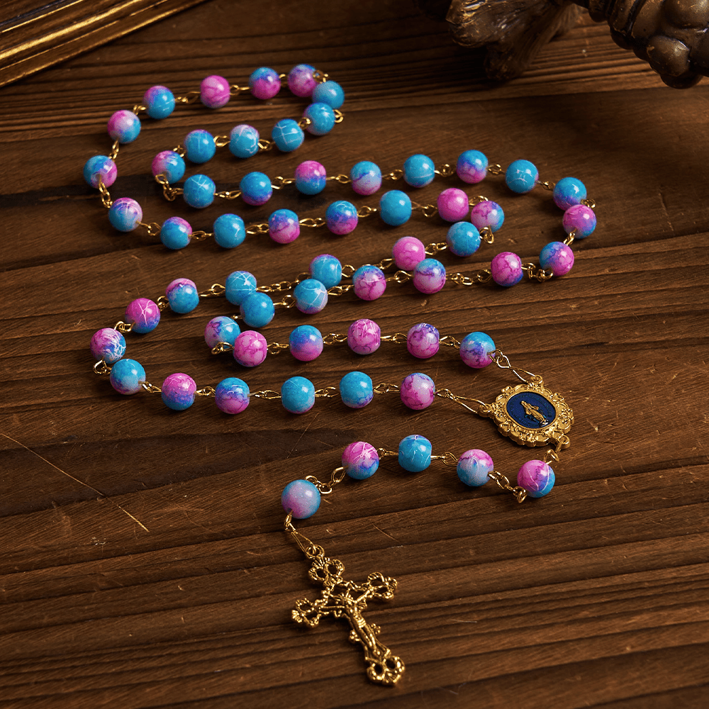 FREE Today: Divine Harmony Handmade Floral Rosary: Miraculous Medal & Crucifix of 8mm Blue&Purple