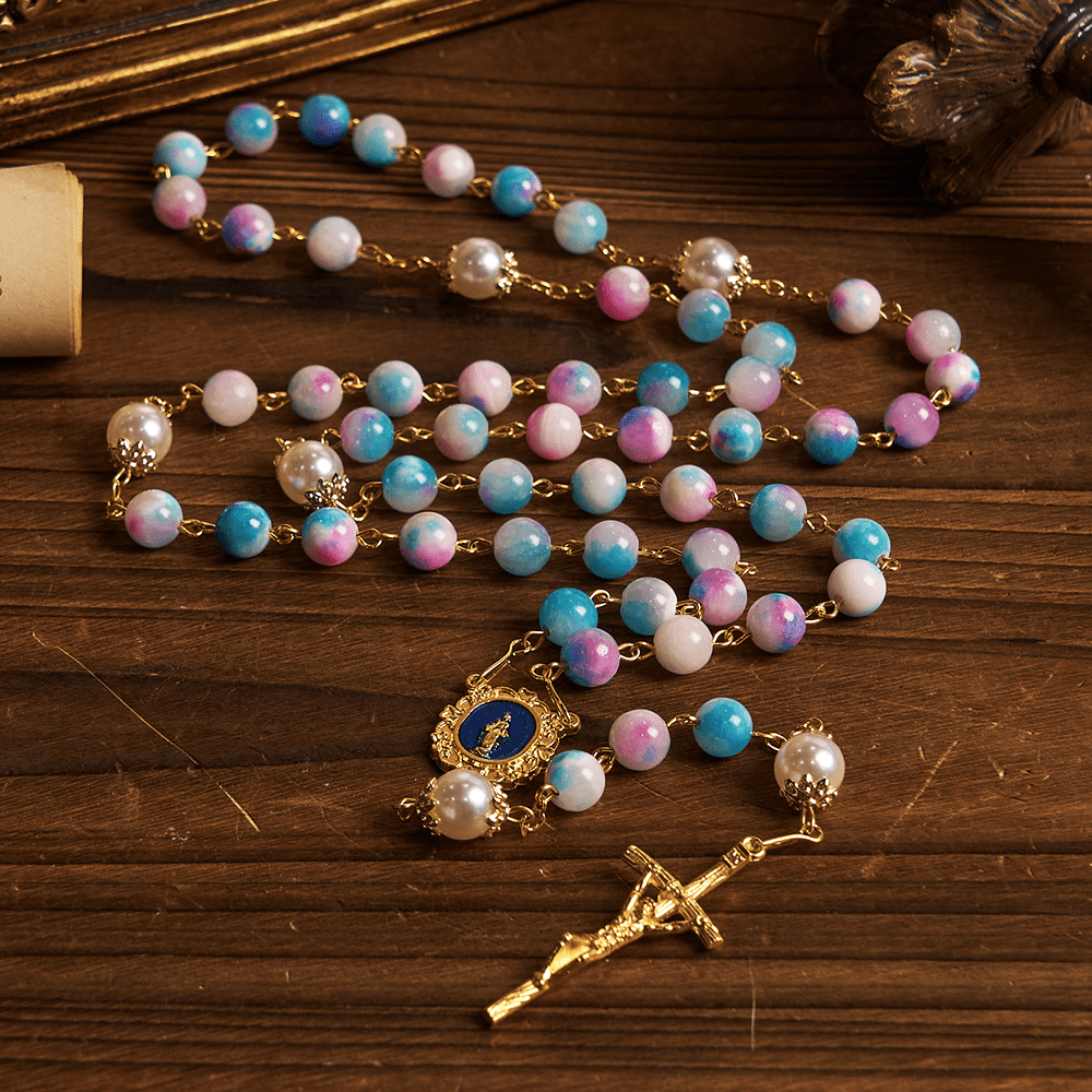 Christianartworkshop Celestial Grace Floral Handmade Rosary Miraculous Medal & Crucifix of 8mm Blue&Purple: Find Peace and Divine Connection - image 1