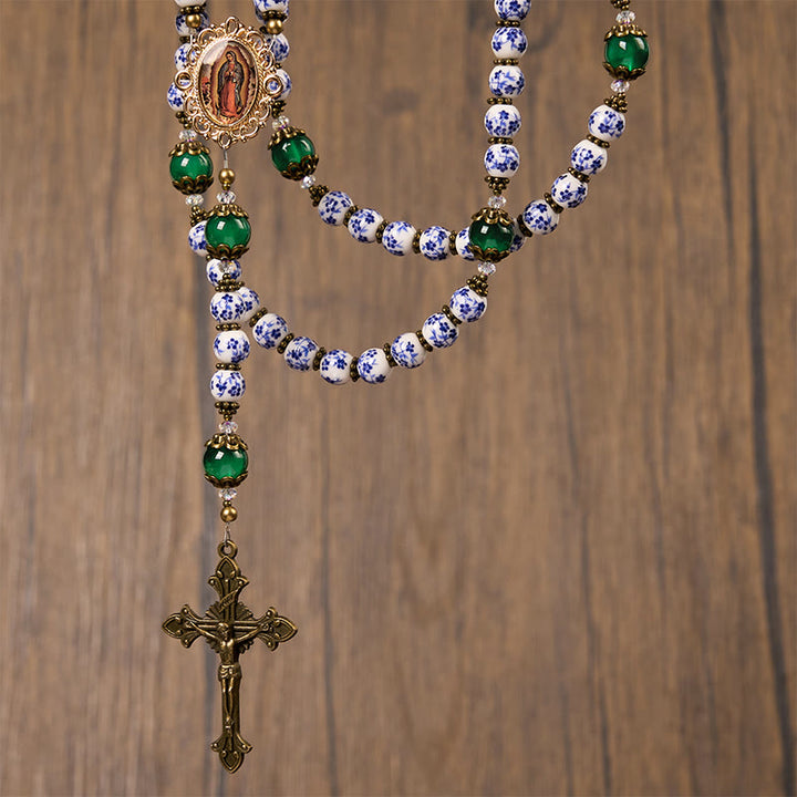 Christianartworkshop PRAYERFUL FAITH: Handmade Floral Rosary of 8mm Ceramics & Jade  - image 7