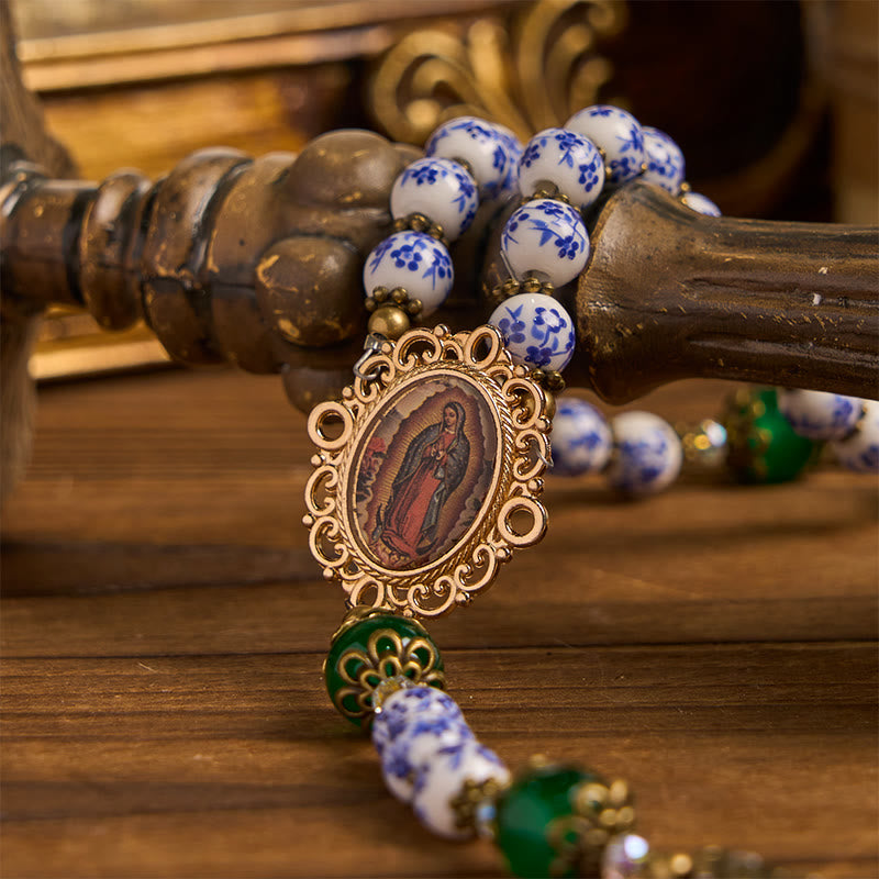 Christianartworkshop PRAYERFUL FAITH: Handmade Floral Rosary of 8mm Ceramics & Jade  - image 10