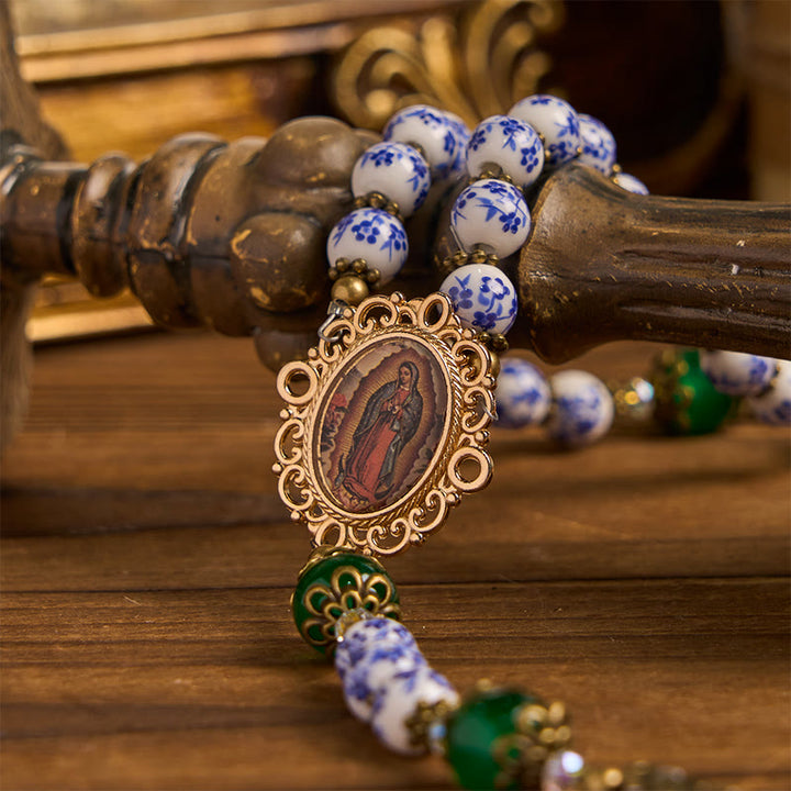 Christianartworkshop PRAYERFUL FAITH: Handmade Floral Rosary of 8mm Ceramics & Jade  - image 10