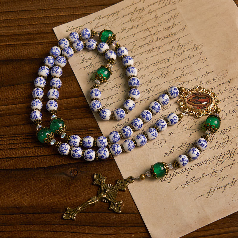 Christianartworkshop PRAYERFUL FAITH: Handmade Floral Rosary of 8mm Ceramics & Jade  - image 5