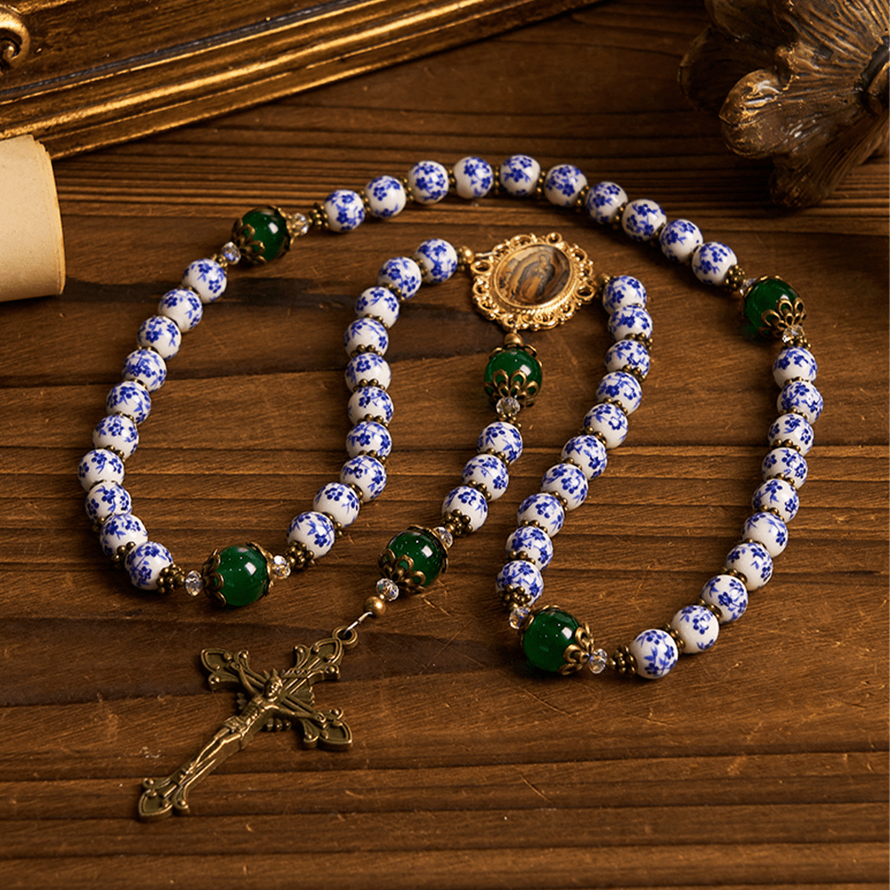 Christianartworkshop PRAYERFUL FAITH: Handmade Floral Rosary of 8mm Ceramics & Jade  - image 6
