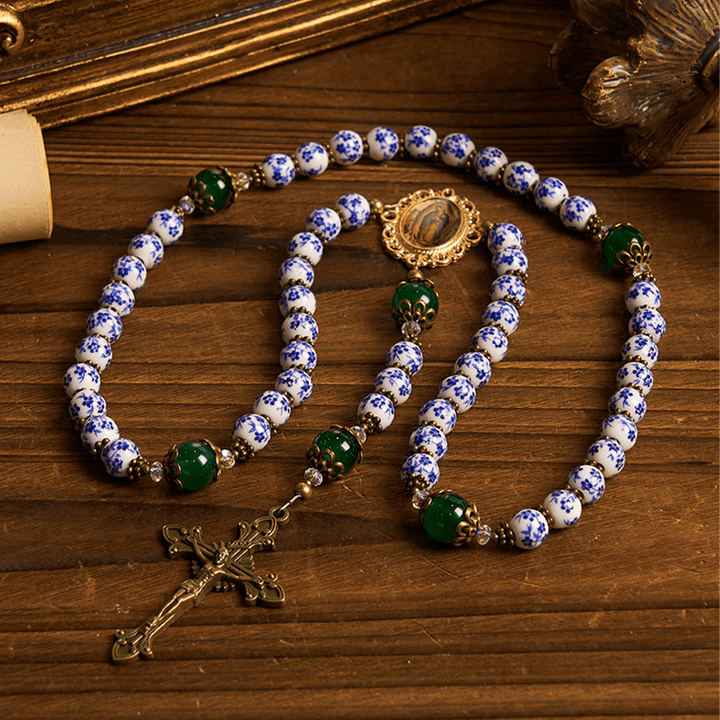 Christianartworkshop PRAYERFUL FAITH: Handmade Floral Rosary of 8mm Ceramics & Jade  - image 6
