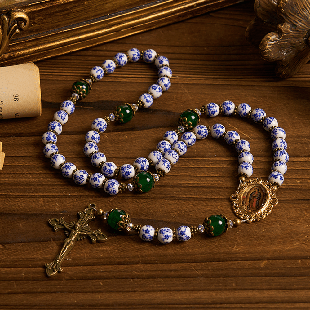 Christianartworkshop PRAYERFUL FAITH: Handmade Floral Rosary of 8mm Ceramics & Jade  - image 11