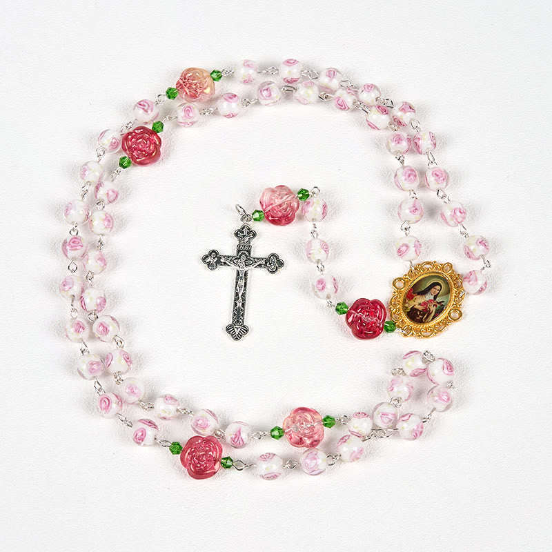 Christianartworkshop St. Therese Medal & Crucifix of 8mm Rose & Ivory Floral Elegance Rosary—Embrace the Grace and Beauty of Faith - image 8