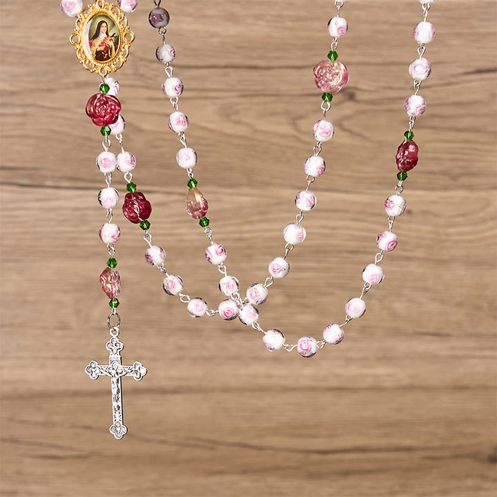 Christianartworkshop St. Therese Medal & Crucifix of 8mm Rose & Ivory Floral Elegance Rosary—Embrace the Grace and Beauty of Faith - image 7