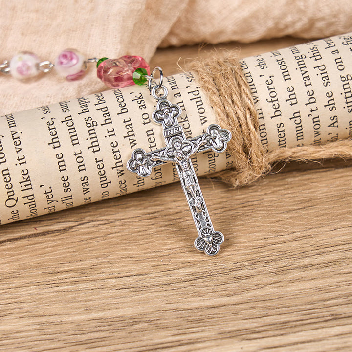 Christianartworkshop St. Therese Medal & Crucifix of 8mm Rose & Ivory Floral Elegance Rosary—Embrace the Grace and Beauty of Faith - image 6