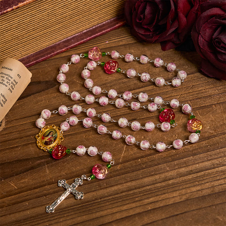 Christianartworkshop St. Therese Medal & Crucifix of 8mm Rose & Ivory Floral Elegance Rosary—Embrace the Grace and Beauty of Faith - St. Therese Medal & Crucifix - image 0