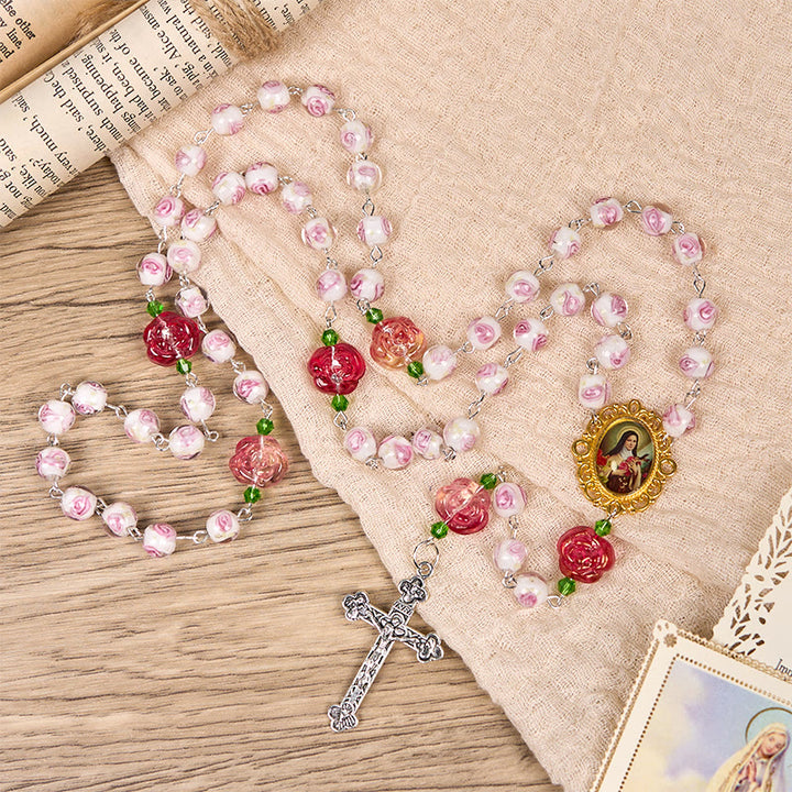 Christianartworkshop St. Therese Medal & Crucifix of 8mm Rose & Ivory Floral Elegance Rosary—Embrace the Grace and Beauty of Faith - image 2