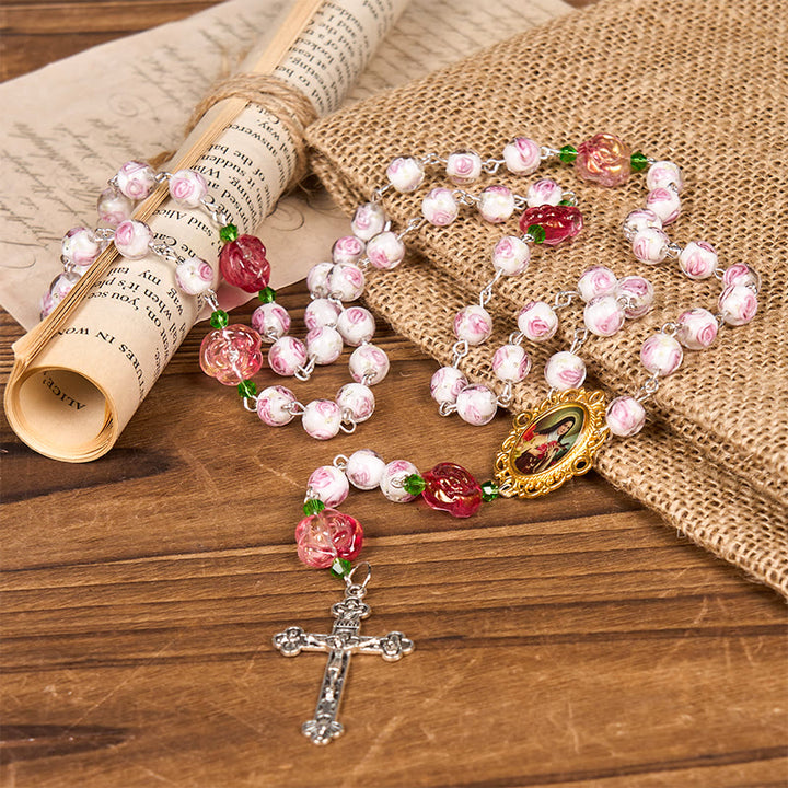 Christianartworkshop St. Therese Medal & Crucifix of 8mm Rose & Ivory Floral Elegance Rosary—Embrace the Grace and Beauty of Faith - image 3
