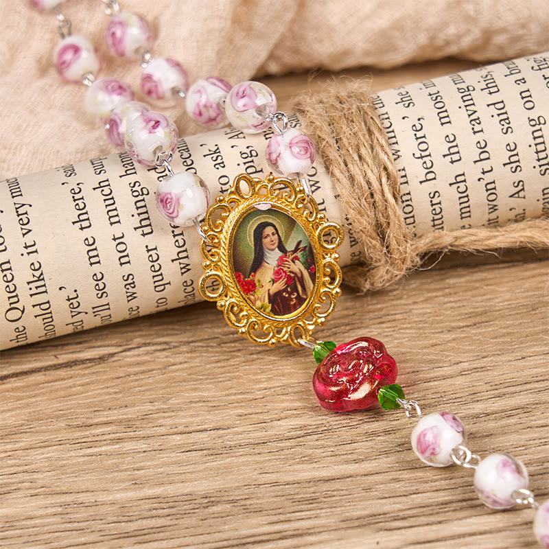 Christianartworkshop St. Therese Medal & Crucifix of 8mm Rose & Ivory Floral Elegance Rosary—Embrace the Grace and Beauty of Faith - image 4