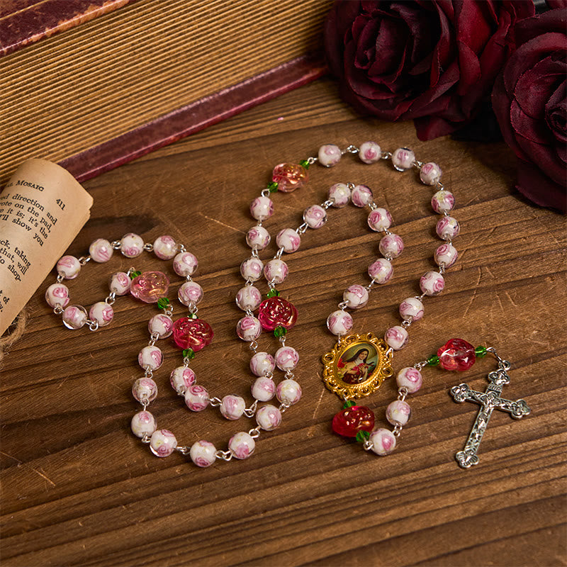 Christianartworkshop St. Therese Medal & Crucifix of 8mm Rose & Ivory Floral Elegance Rosary—Embrace the Grace and Beauty of Faith - image 1