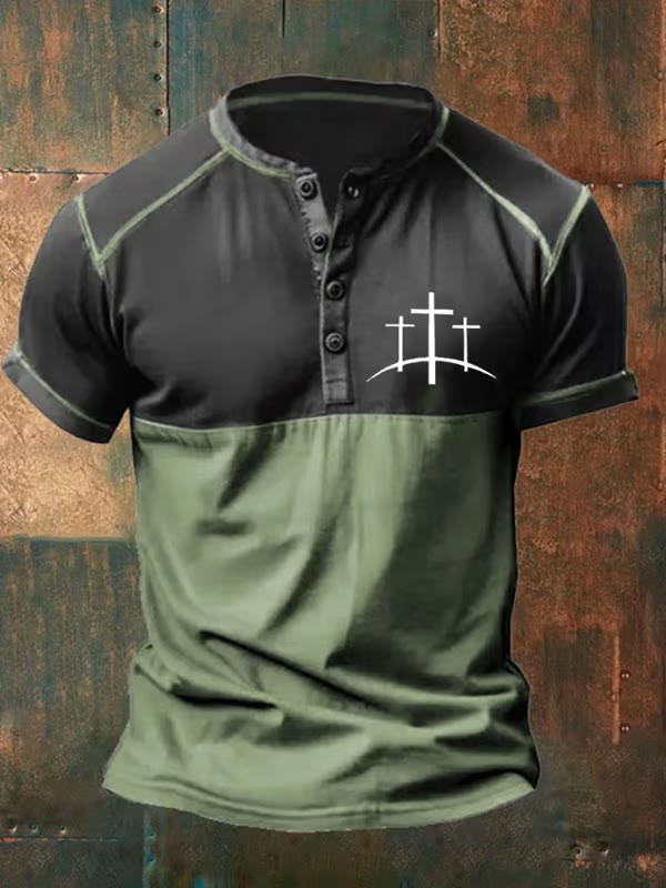 Christianartworkshop Men's Faith Print Henley Neck T-Shirt