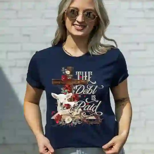 Christianartworkshop The Debt Is Paid Floral Cross Easter T-Shirt - Navy - 2XL - image 2