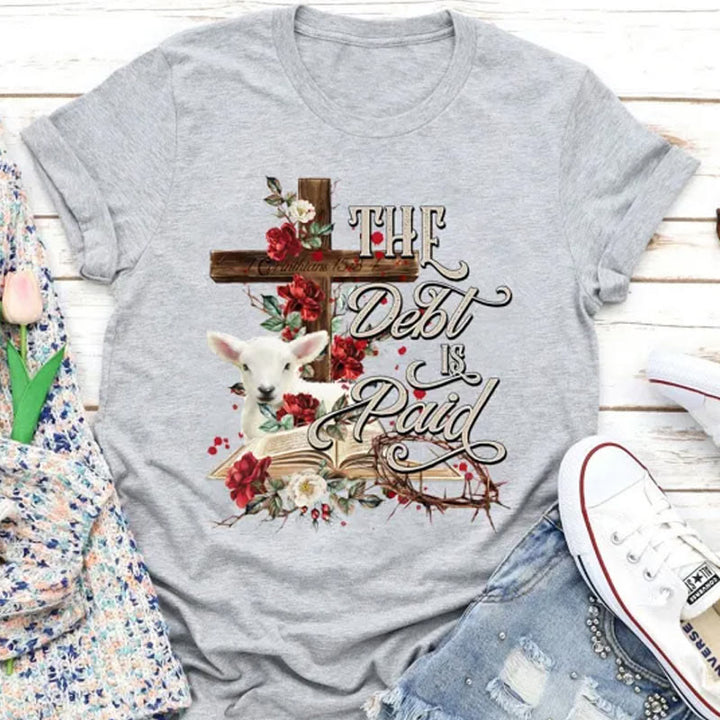 Christianartworkshop The Debt Is Paid Floral Cross Easter T-Shirt - Grey - 2XL - image 4