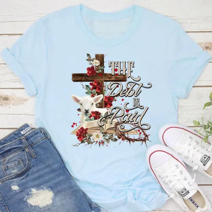Christianartworkshop The Debt Is Paid Floral Cross Easter T-Shirt - Blue - 2XL - image 6