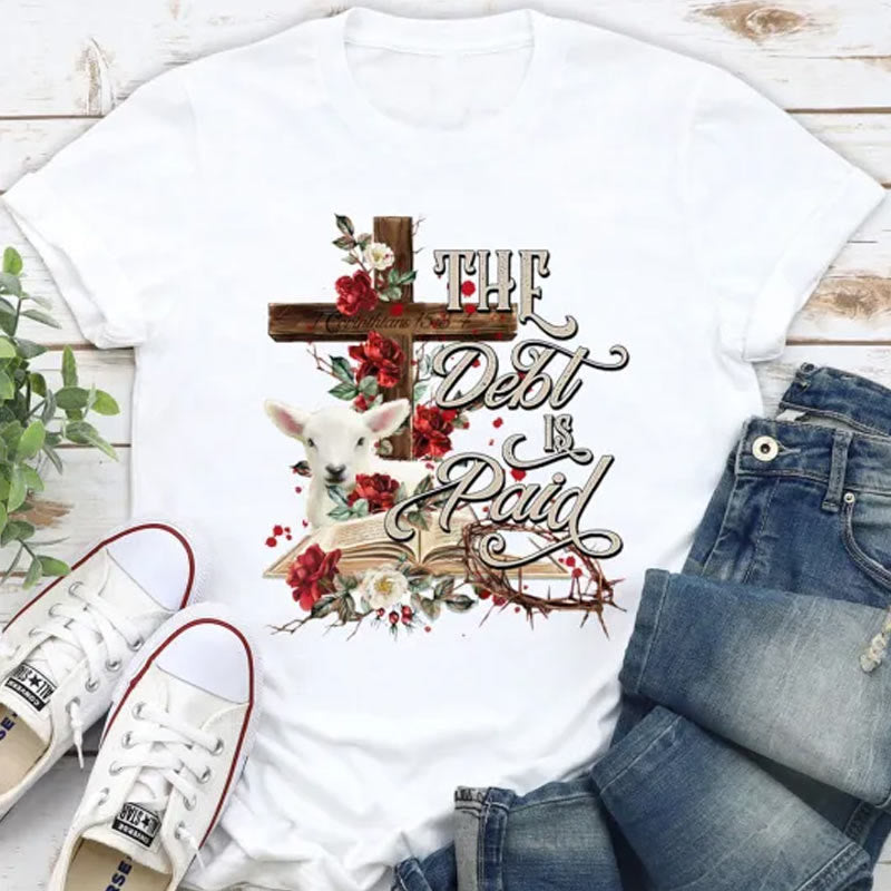Christianartworkshop The Debt Is Paid Floral Cross Easter T-Shirt - White - 2XL - image 1