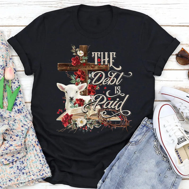 Christianartworkshop The Debt Is Paid Floral Cross Easter T-Shirt - Black - 2XL - image 0
