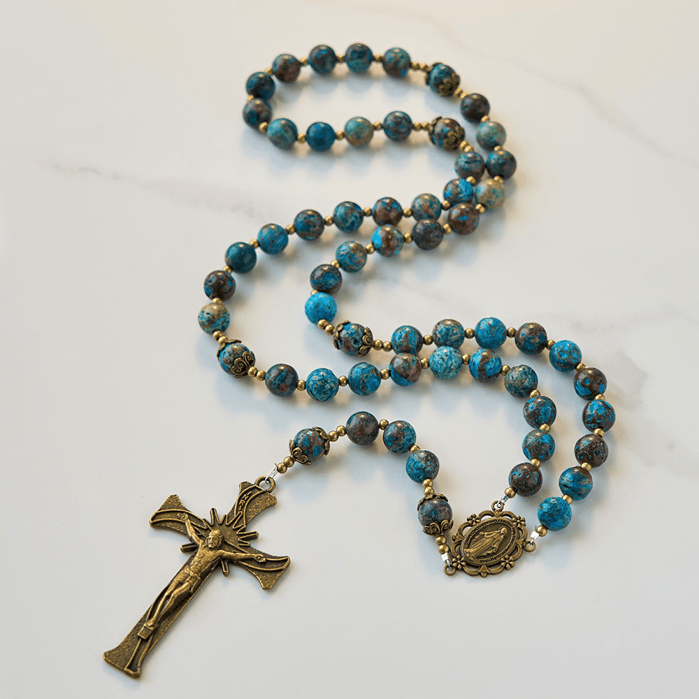 Christianartworkshop Jesus Is The Gift: Blue Pattern Beads Handmade Rosary of Authentic Larimar Stone - image 5