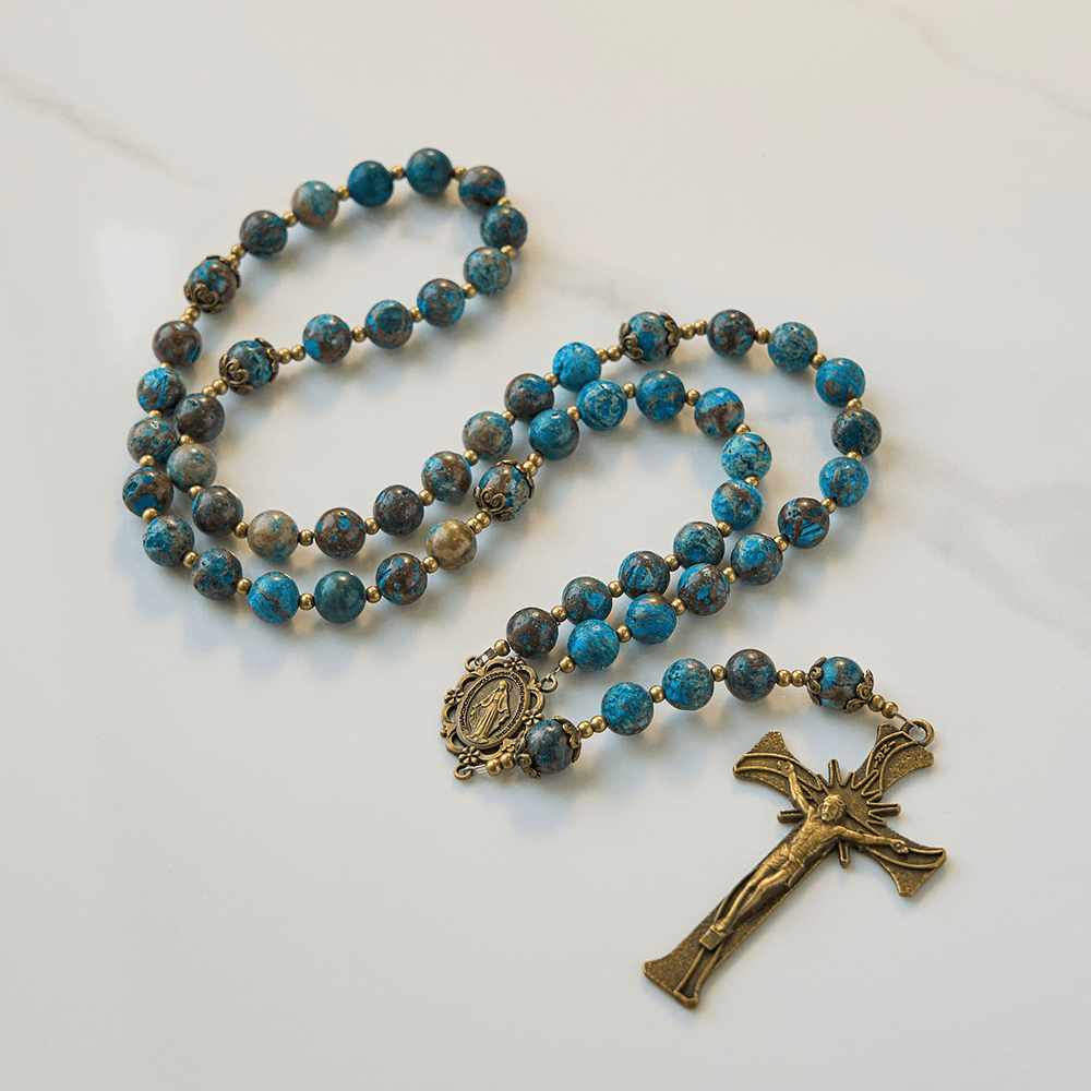 Christianartworkshop PRAYERFUL FAITH: Blue Pattern Beads Handmade Rosary of Authentic Larimar Stone