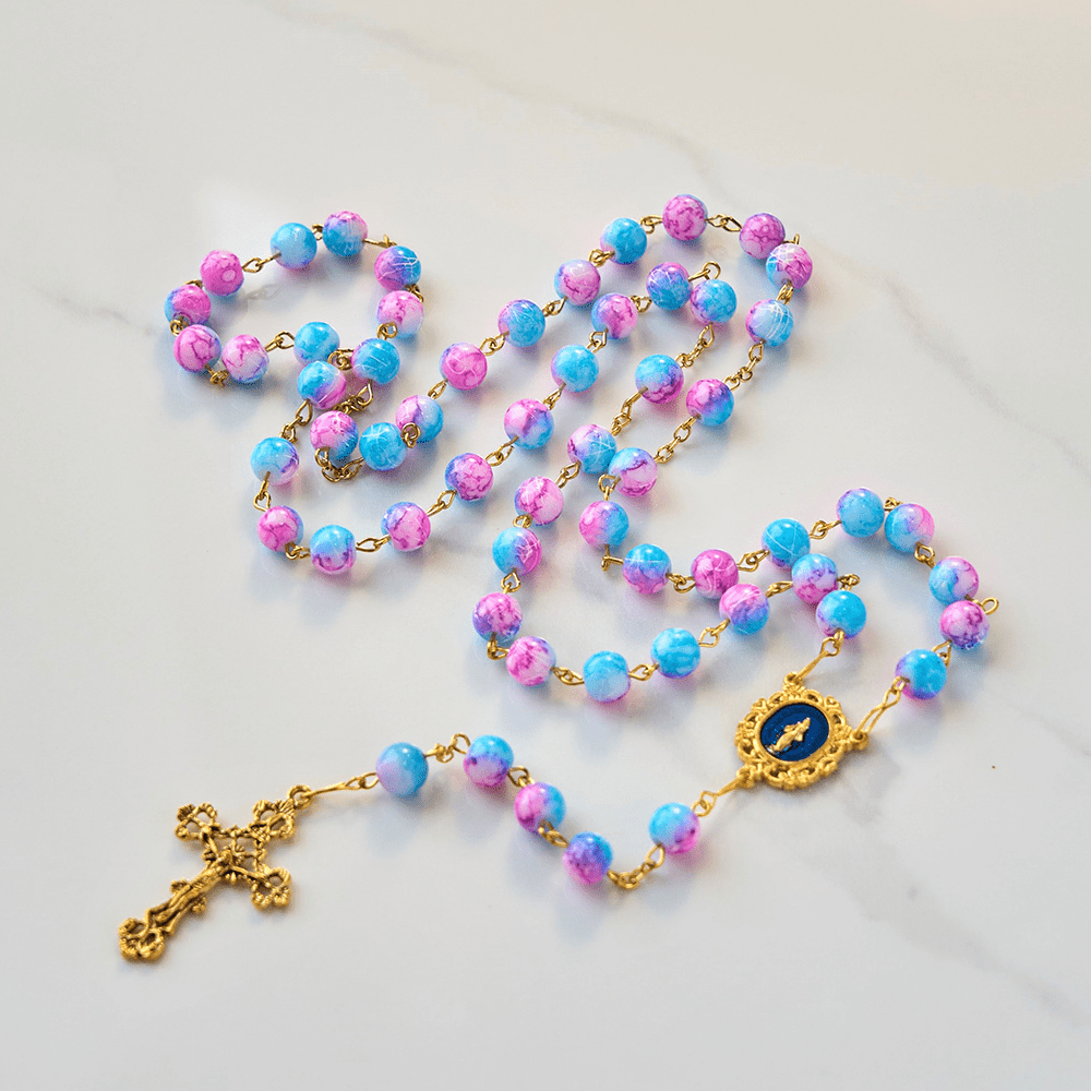 FREE Today: Divine Harmony Handmade Floral Rosary: Miraculous Medal & Crucifix of 8mm Blue&Purple