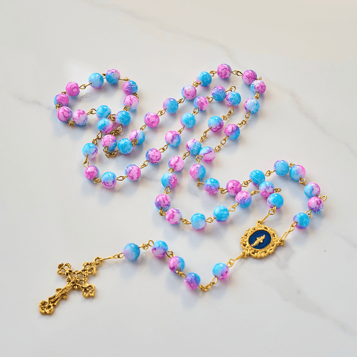 FREE Today: Divine Harmony Handmade Floral Rosary: Miraculous Medal & Crucifix of 8mm Blue&Purple