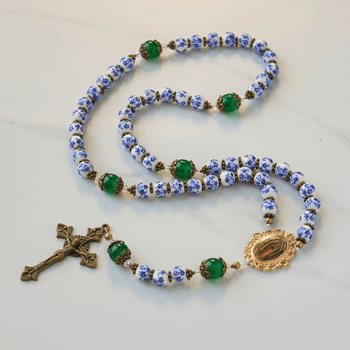 Christianartworkshop PRAYERFUL FAITH: Handmade Floral Rosary of 8mm Ceramics & Jade  - image 4