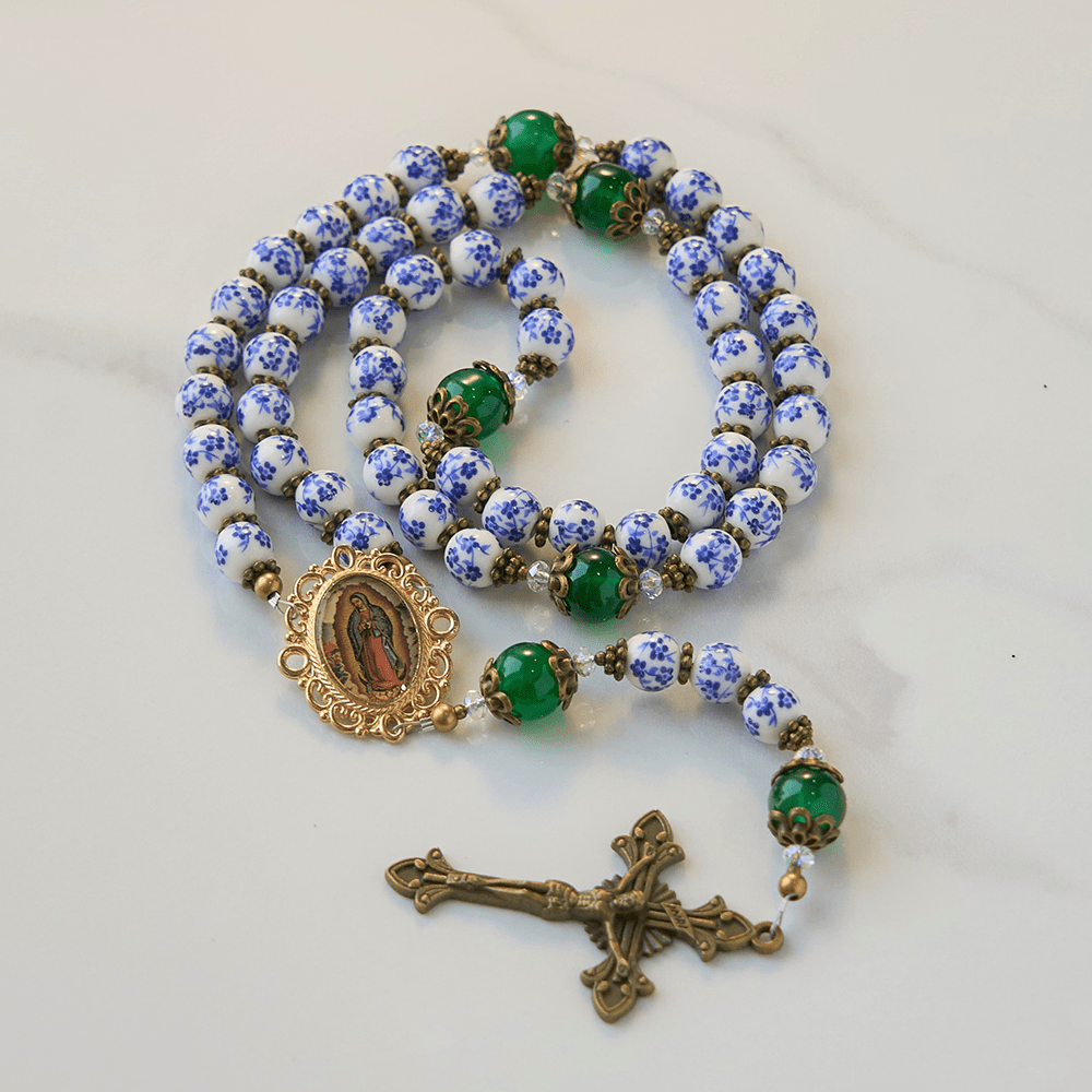 Christianartworkshop PRAYERFUL FAITH: Handmade Floral Rosary of 8mm Ceramics & Jade  - image 3