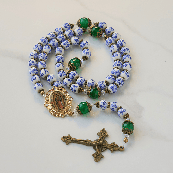 Christianartworkshop PRAYERFUL FAITH: Handmade Floral Rosary of 8mm Ceramics & Jade  - image 3