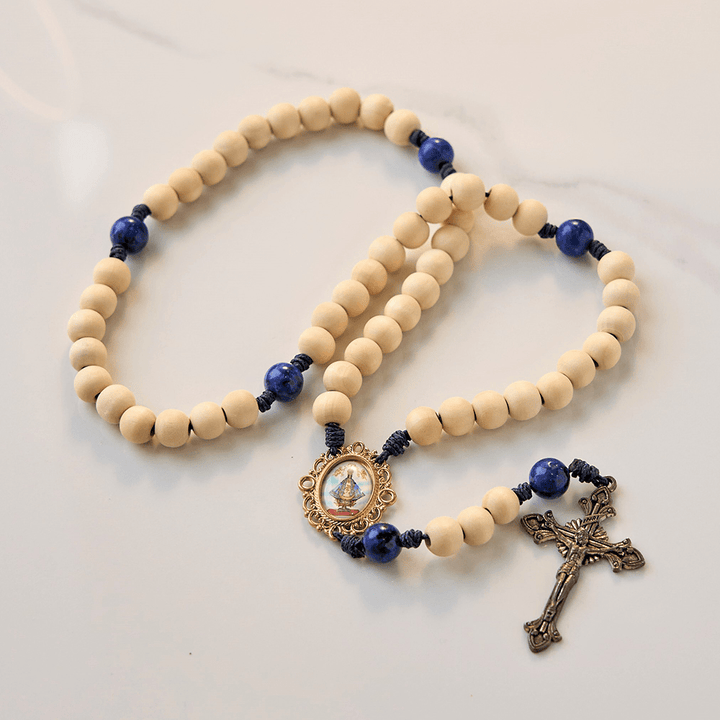FREE Today: Our Lady & Crucifix of Handmade 10mm Wooden Beads Lapis Lazuli Our Father Beads Rosary