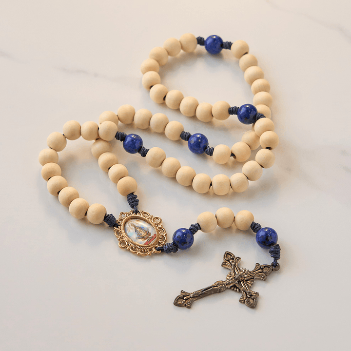 FREE Today: Our Lady & Crucifix of Handmade 10mm Wooden Beads Lapis Lazuli Our Father Beads Rosary
