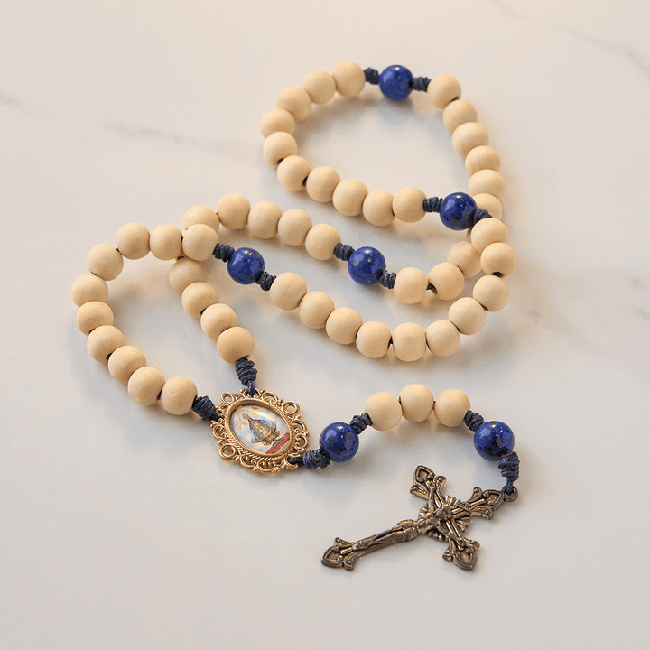 Christianartworkshop PRAYERFUL FAITH: 10mm Handmade Wooden Beads Lapis Lazuli Beads Rosary - image 2