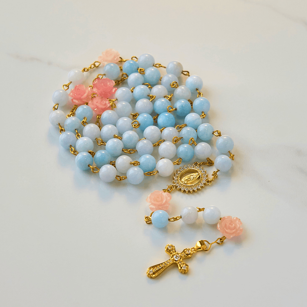 Christianartworkshop Our Lady of Guadalupe & Crucifix of 8mm Handmade Blue Aquamarine Chalcedony Beads Rosary - image 1