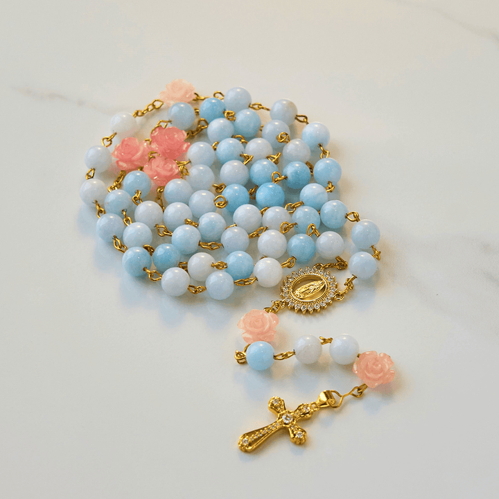 Christianartworkshop Our Lady of Guadalupe & Crucifix of 8mm Handmade Blue Aquamarine Chalcedony Beads Rosary - image 2
