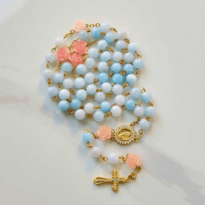 Christianartworkshop Our Lady of Guadalupe & Crucifix of 8mm Handmade Blue Aquamarine Chalcedony Beads Rosary - image 12