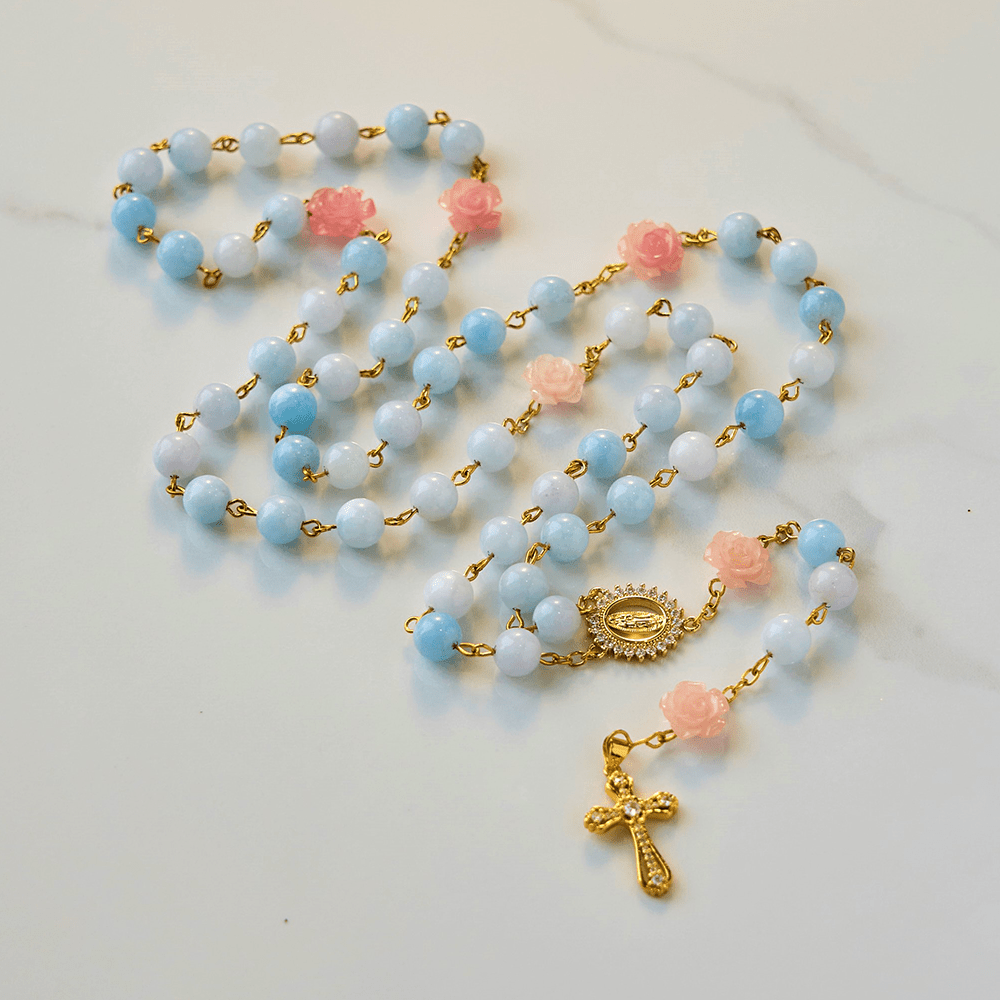Christianartworkshop Our Lady of Guadalupe & Crucifix of 8mm Handmade Blue Aquamarine Chalcedony Beads Rosary - image 4
