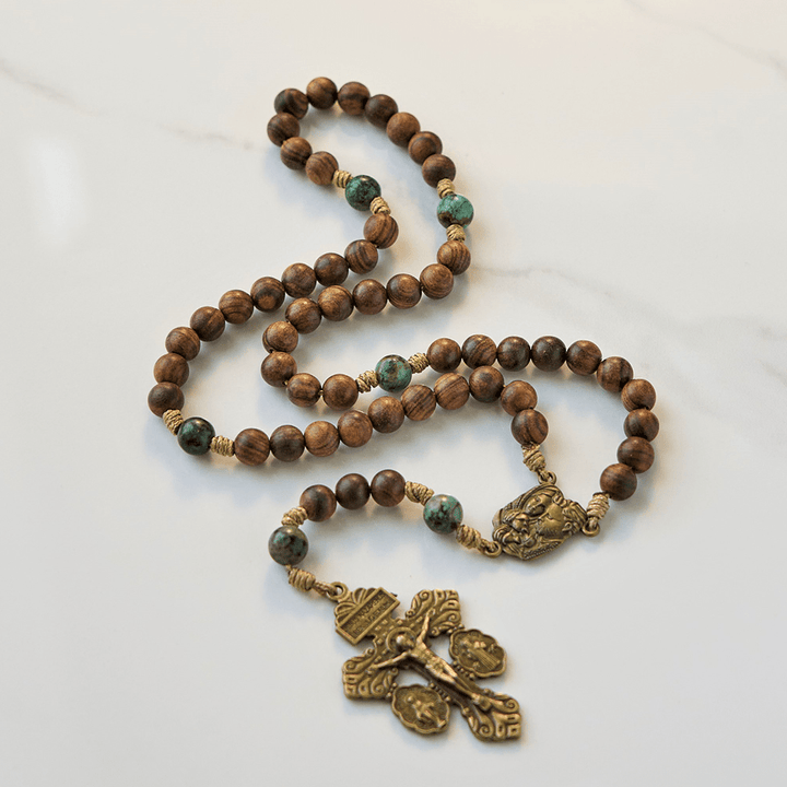 FREE Today: Holy Family & Crucifix of 8mm Handmade Pine Wood & African Turquoise Rosary