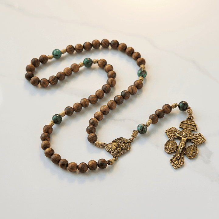 FREE Today: Holy Family & Crucifix of 8mm Handmade Pine Wood & African Turquoise Rosary