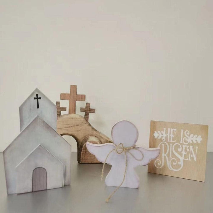 Christianartworkshop 4pcs/set Jesus Tomb-Easter Cross Wooden Easter Dekstop Decor Ornament