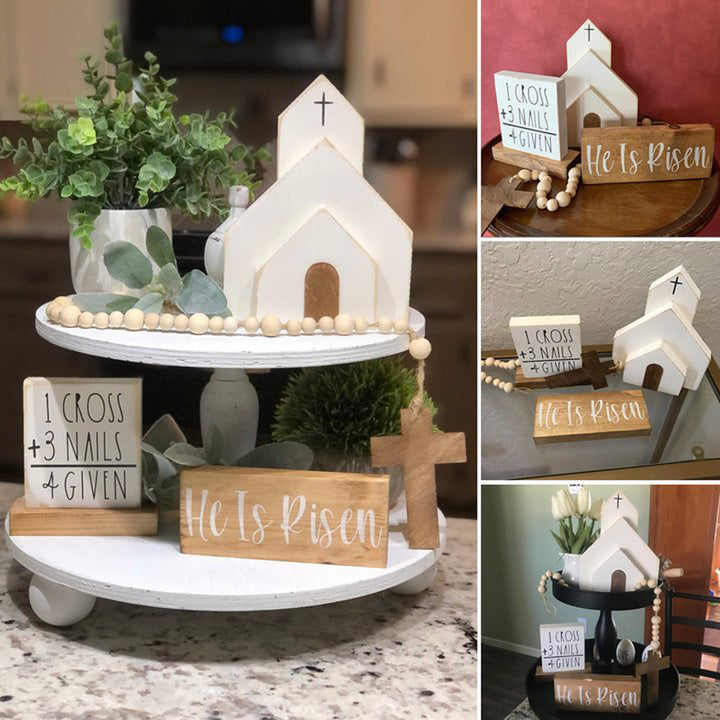 Christianartworkshop 3pcs/set "He Is Risen" Wooden Easter Dekstop Decor Ornament
