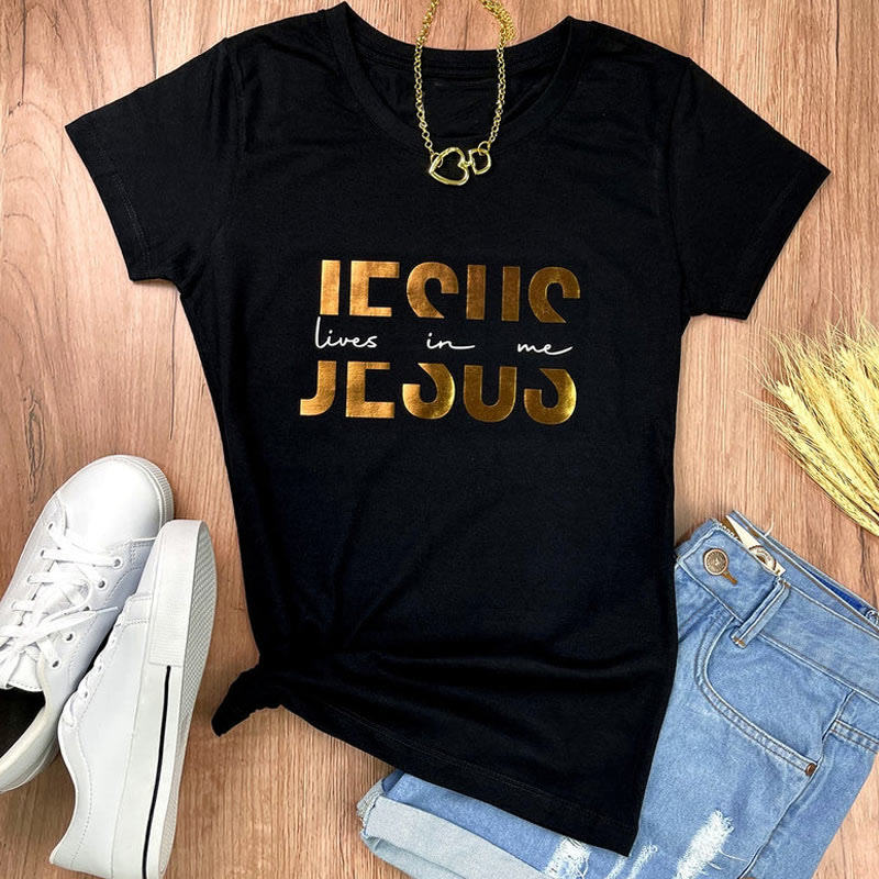 Christianartworkshop Glamorous Faith Jesus Lives in Me Gold Text Christian T-Shirt - image 1